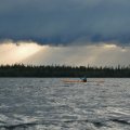 20:07. Подходим к острову Конев. Край тучи всё ещё с нами. Ждём Наташу, т.к. она взяла моду отставать от нас.