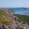 Говорит, что сейды нашёл, но смотреть там нечего. Говорит, что и сам может такое построить на любом острове. Теперь пошёл я. Очень жарко. Пришлось закатать джинсы по колено, а рубашку вообще снять. У меня поход занял три часа. Сначала я по совету Костика карабкался на нашу скалу. Всё время останавливался и фотографировал роскошные виды. Частенько на скальных полочках обнаруживал несметное количество невероятно крупной черники. Начинал поедать и не мог остановиться, пока всю не съем. 